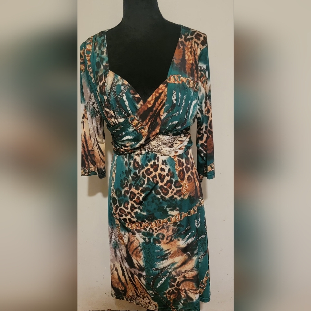 Green Gold Lepoard Print Faux Wrap Dress with V-Neck 3/4 Sleeves
